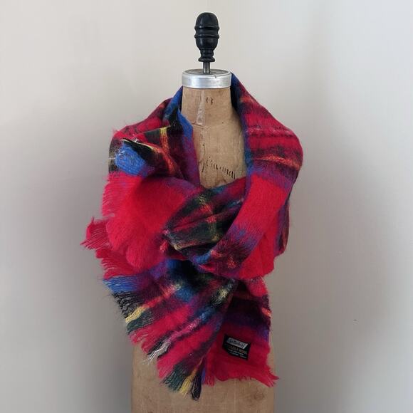Vintage Accessories - Vintage St. Michael Scarf Wrap Red Plaid Tartan Mohair Wool Scotland 18” X 60”